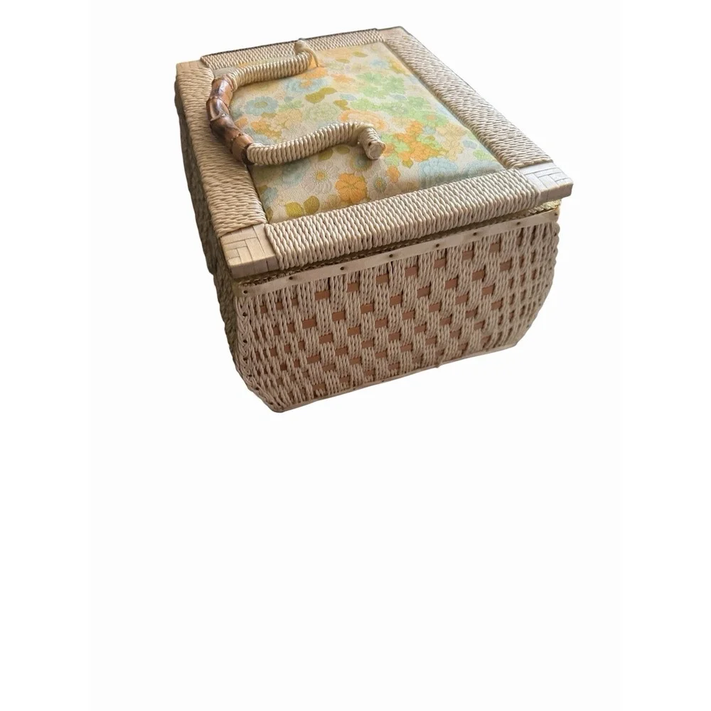 VTG JC Penney Wicker Sewing Basket Padded Embroidered Flower Lid. Full Of  Stuff
